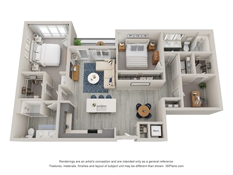Floor plan for 2 beds, 2 baths, 1221 sqft